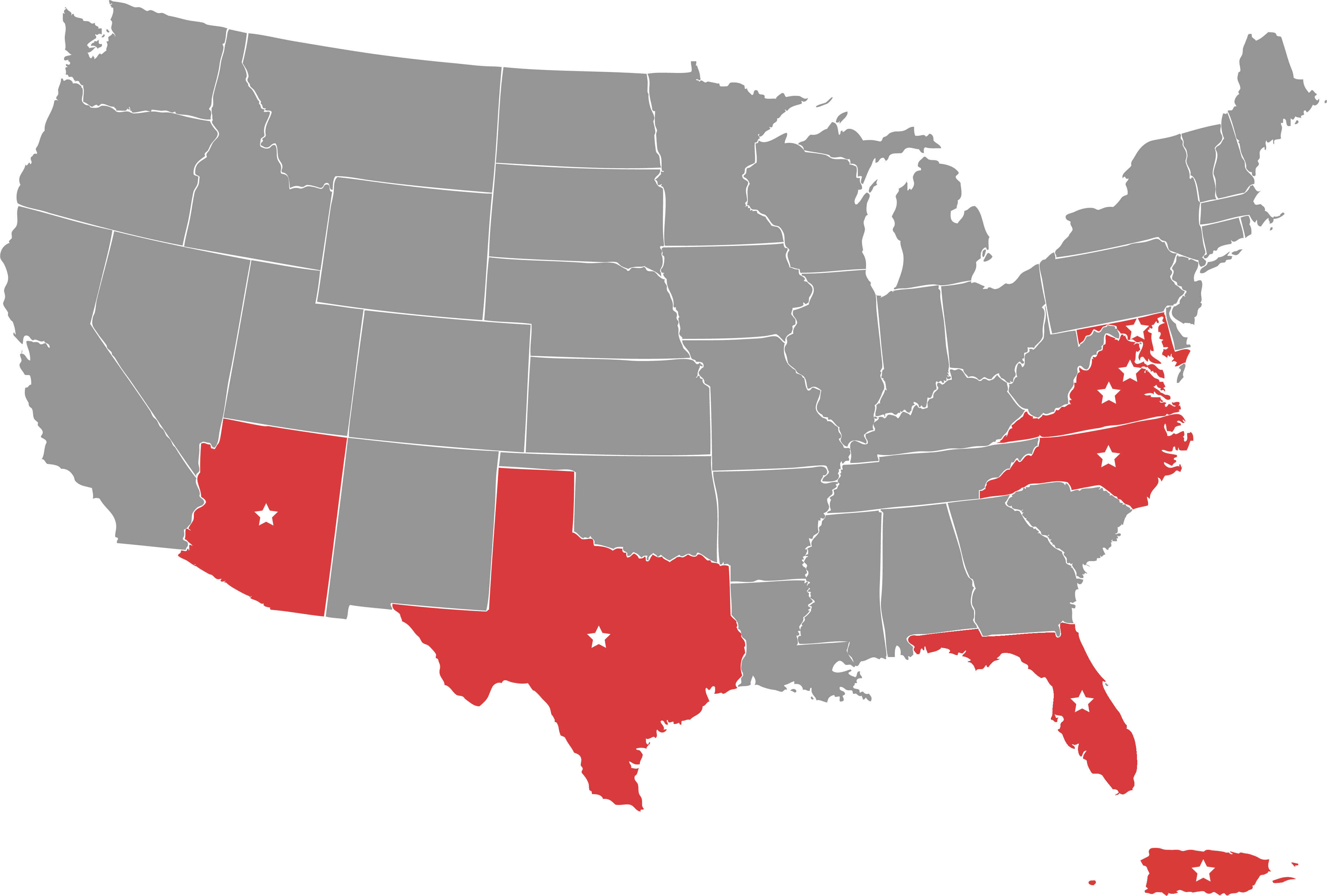 US Vector Map showing marked landmarks